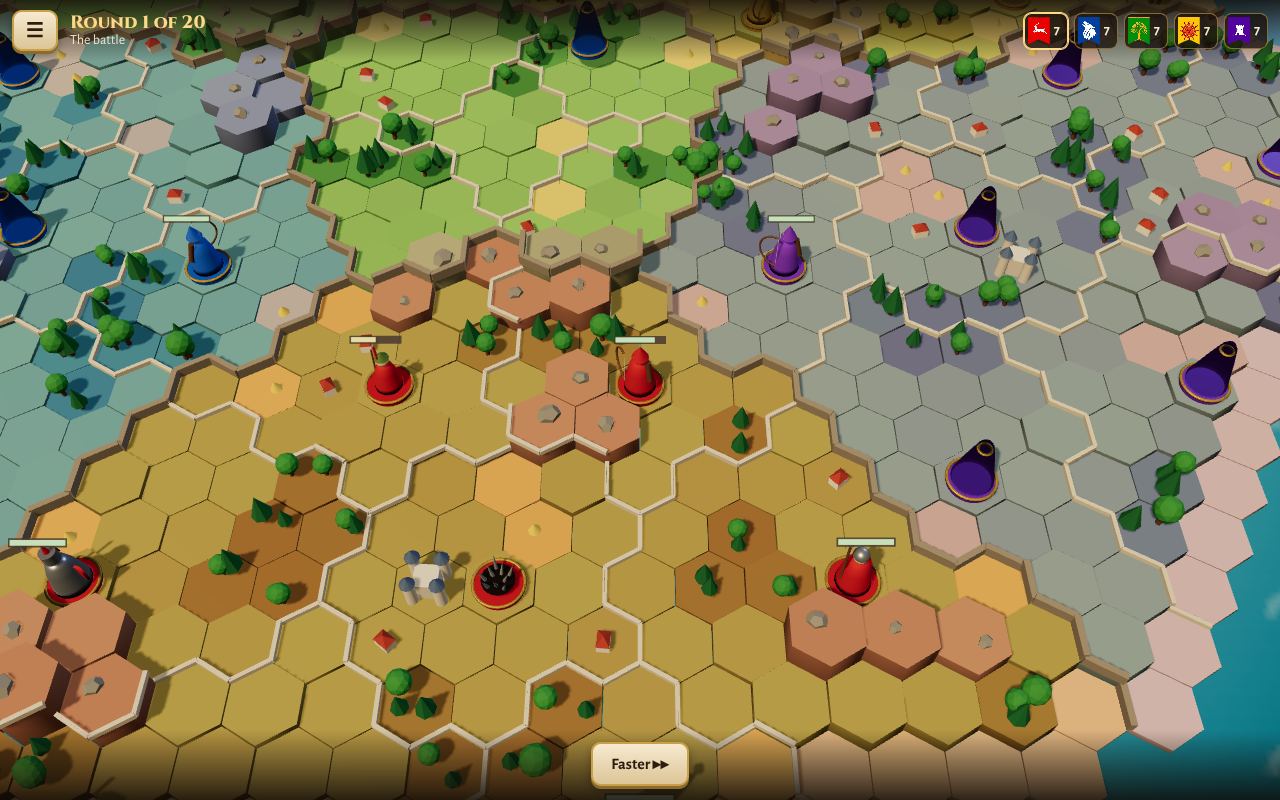 Miniatures in five colours on the island, with some enemy pieces still covered