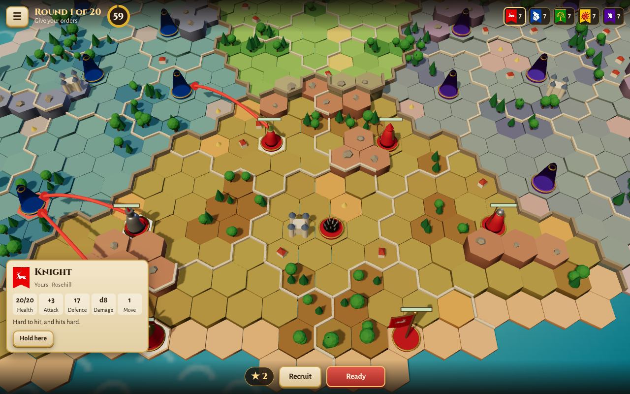 A 3D island of hexagon tiles on a wooden table, with red miniatures, order arrows, and the card for a Knight showing its stats