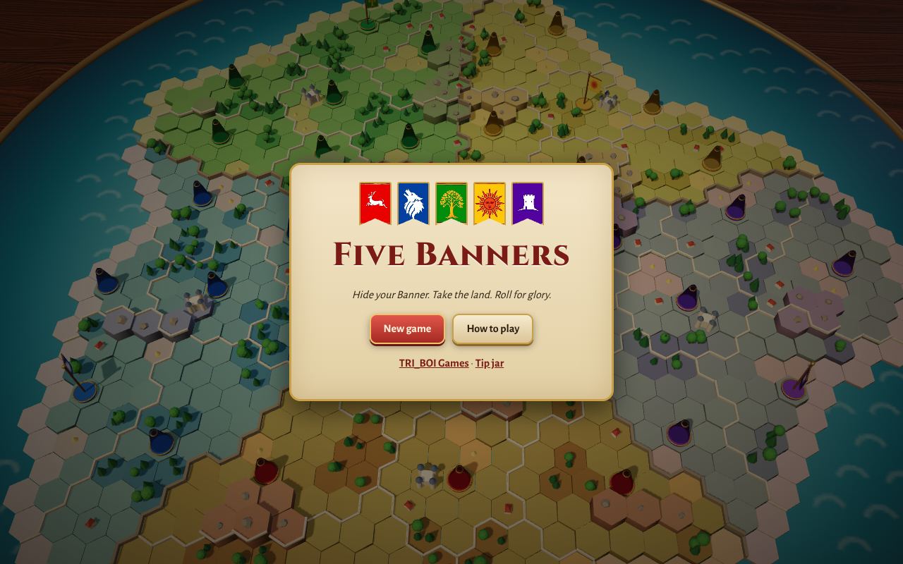 The title screen with the five banners, a stag, a wolf, an oak, a sun and a tower, over the island