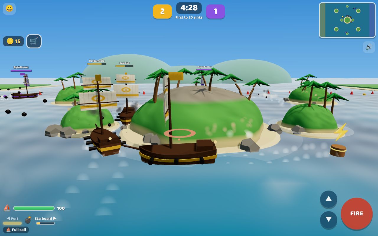 A pirate ship firing a broadside of cannonballs at another ship across the sea, with smoke from the cannons