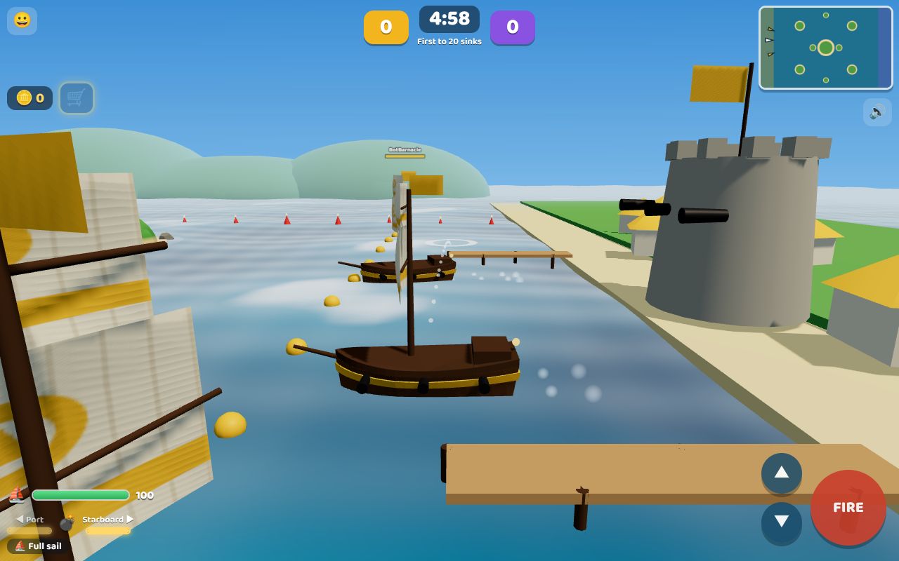 Pirate ships in their harbor by a stone fort with cannons, a pier and yellow buoys