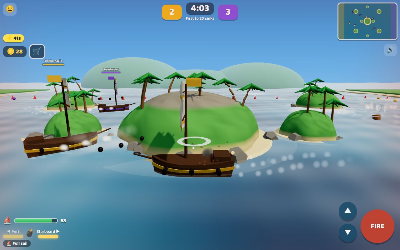 Pirate ships with yellow and purple flags sailing between green islands with palm trees, cannonballs flying