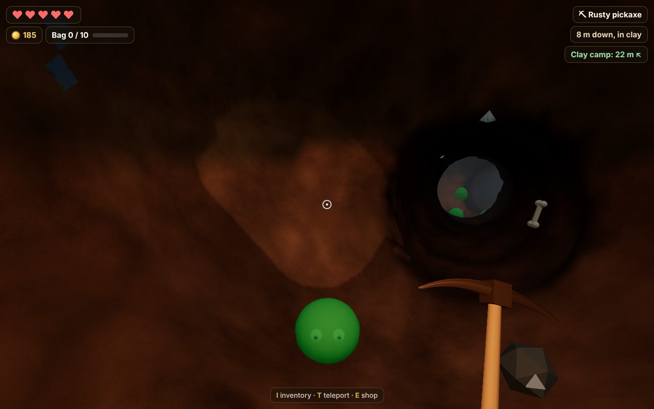 Deep in a dark clay cave, a round green cave slime comes closer, with a fossil and stones in the walls. The top of the screen says 8 m down, in clay