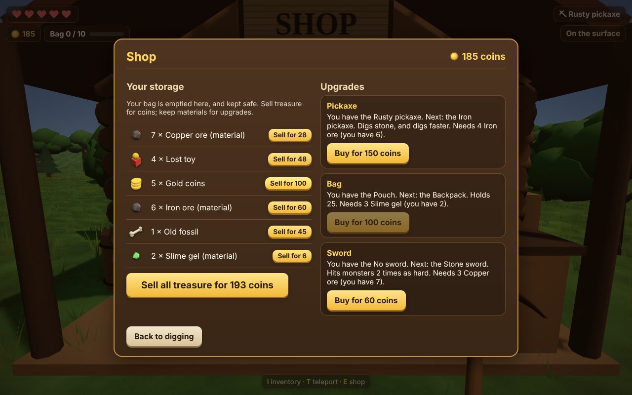 The shop: your storage, with copper ore, lost toys, gold coins, iron ore, an old fossil and slime gel to sell, and upgrades for your pickaxe, bag and sword