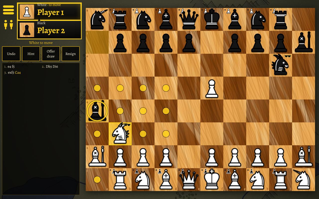 A wooden chess board ten squares wide with Dragons, Unicorns and Chief Pawns, a white Dragon showing where it can go