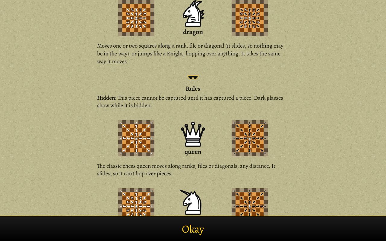 The parchment rules guide: the Dragon and Queen with diagrams of where they move and take