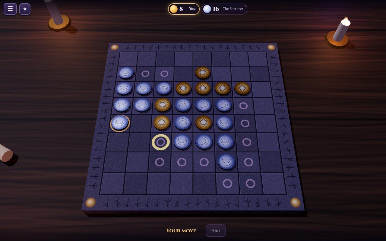 A carved stone board on a candlelit table, with gold sun discs and silver moon discs, glowing rings where you can play and a gold hint ring