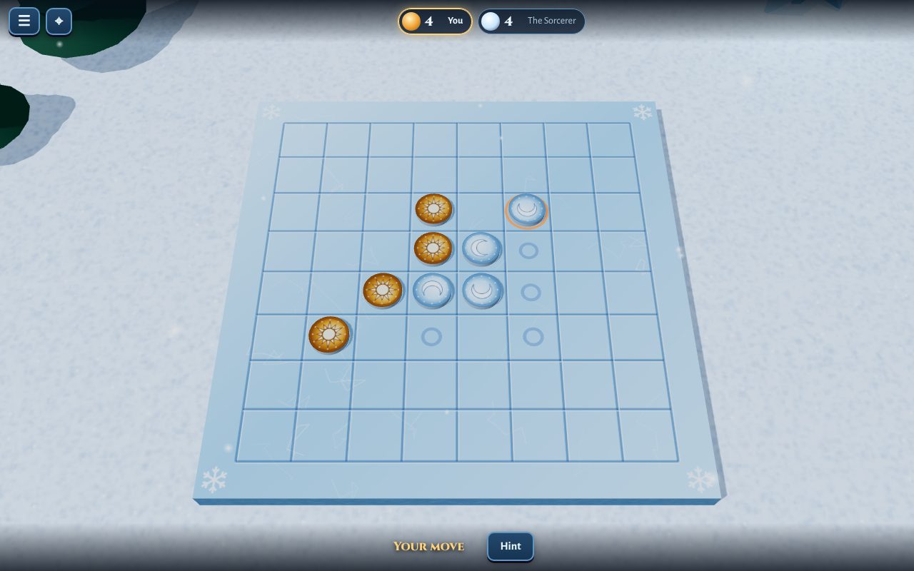 A board of ice on snow, with amber sun discs and pale ice moon discs, and snowy pine trees