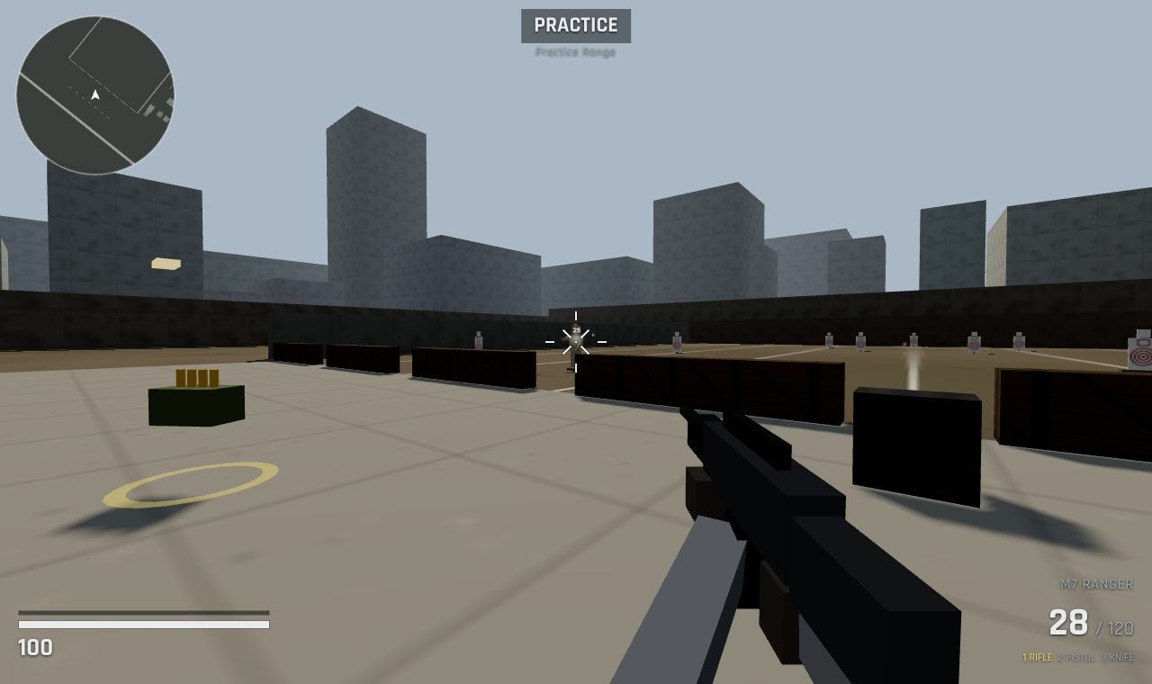 The practice range: a rifle aimed down the lanes at pop-up targets