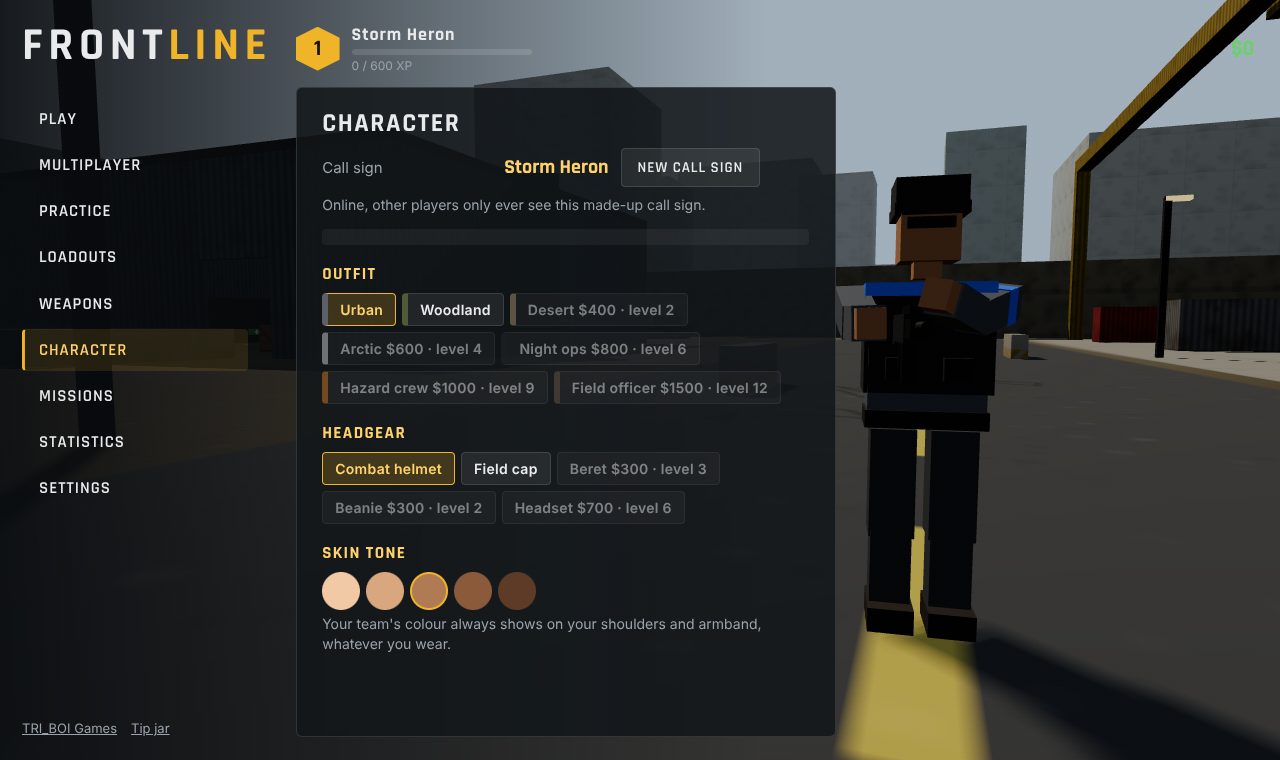 The character screen, with outfits, headgear and skin tones to choose from