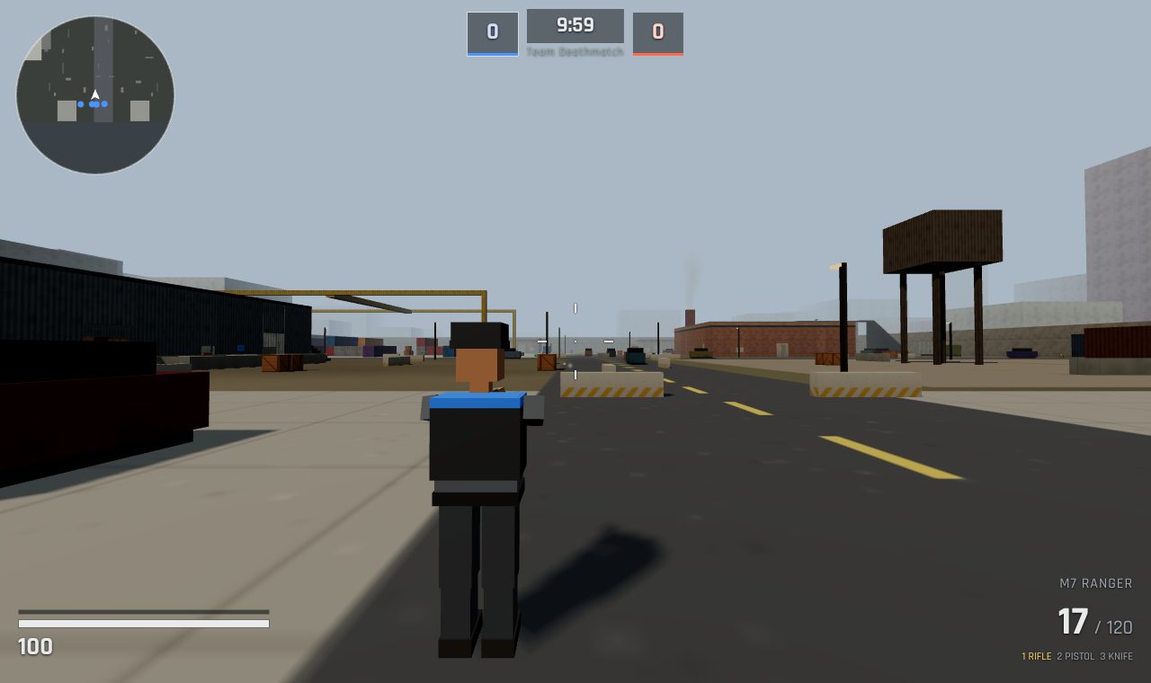 A soldier in third person on the main street of Rustwater Yard, between a warehouse and a water tower