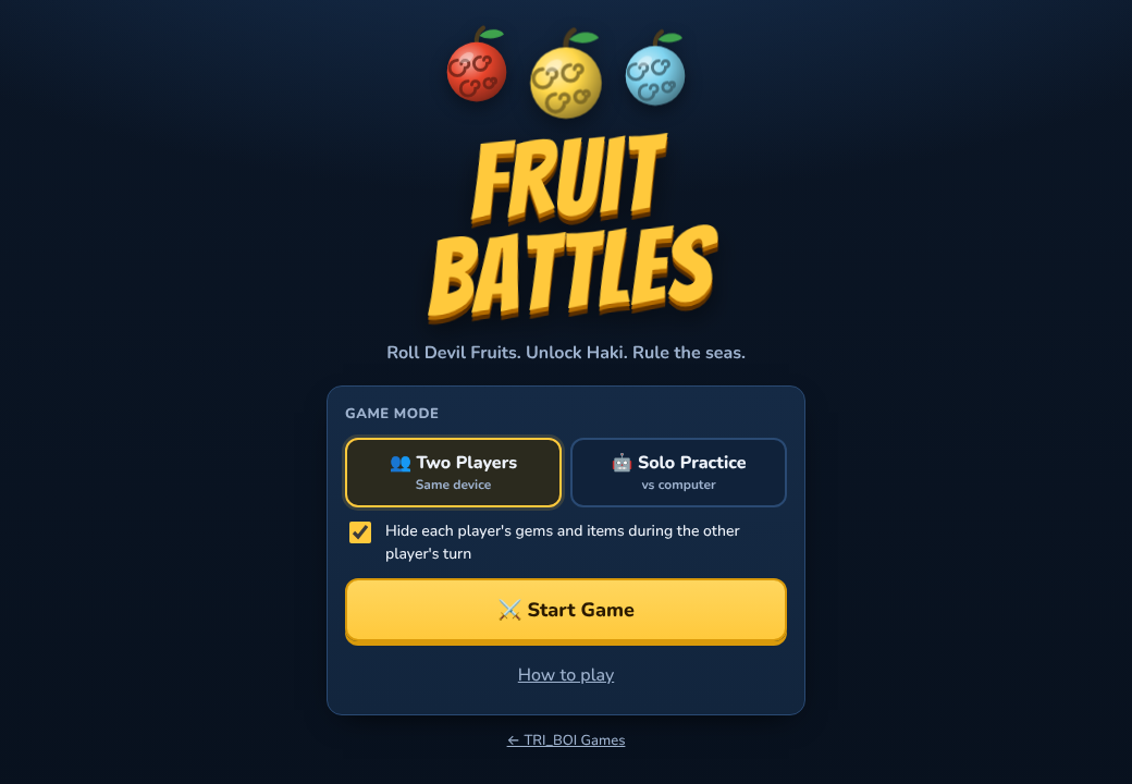 Fruit Battles' title screen: three Devil Fruits over the game's name, and a choice of Two Players or Solo Practice