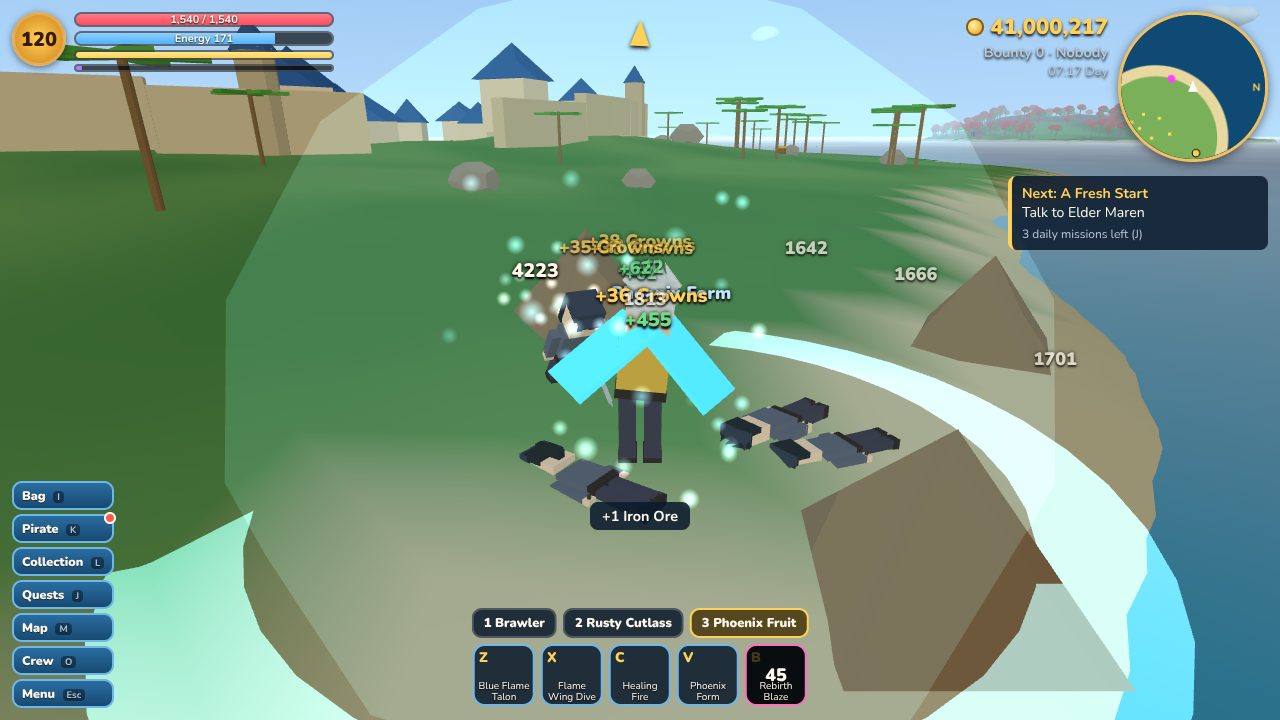 A pirate using the Phoenix Fruit's blue fire against a group of mercenaries on a beach