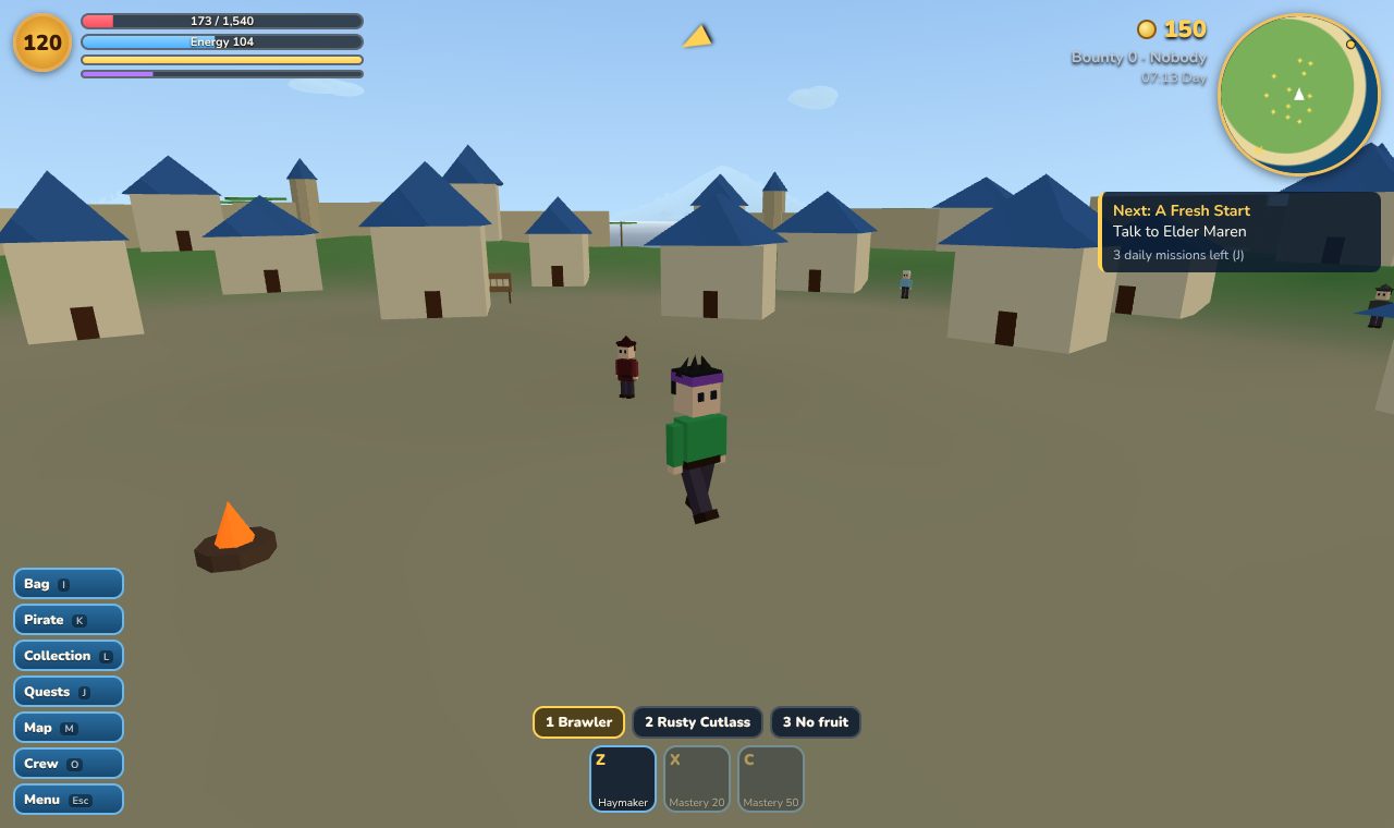 A pirate with green spiky hair in the square of Golden Port, a town of blue-roofed houses