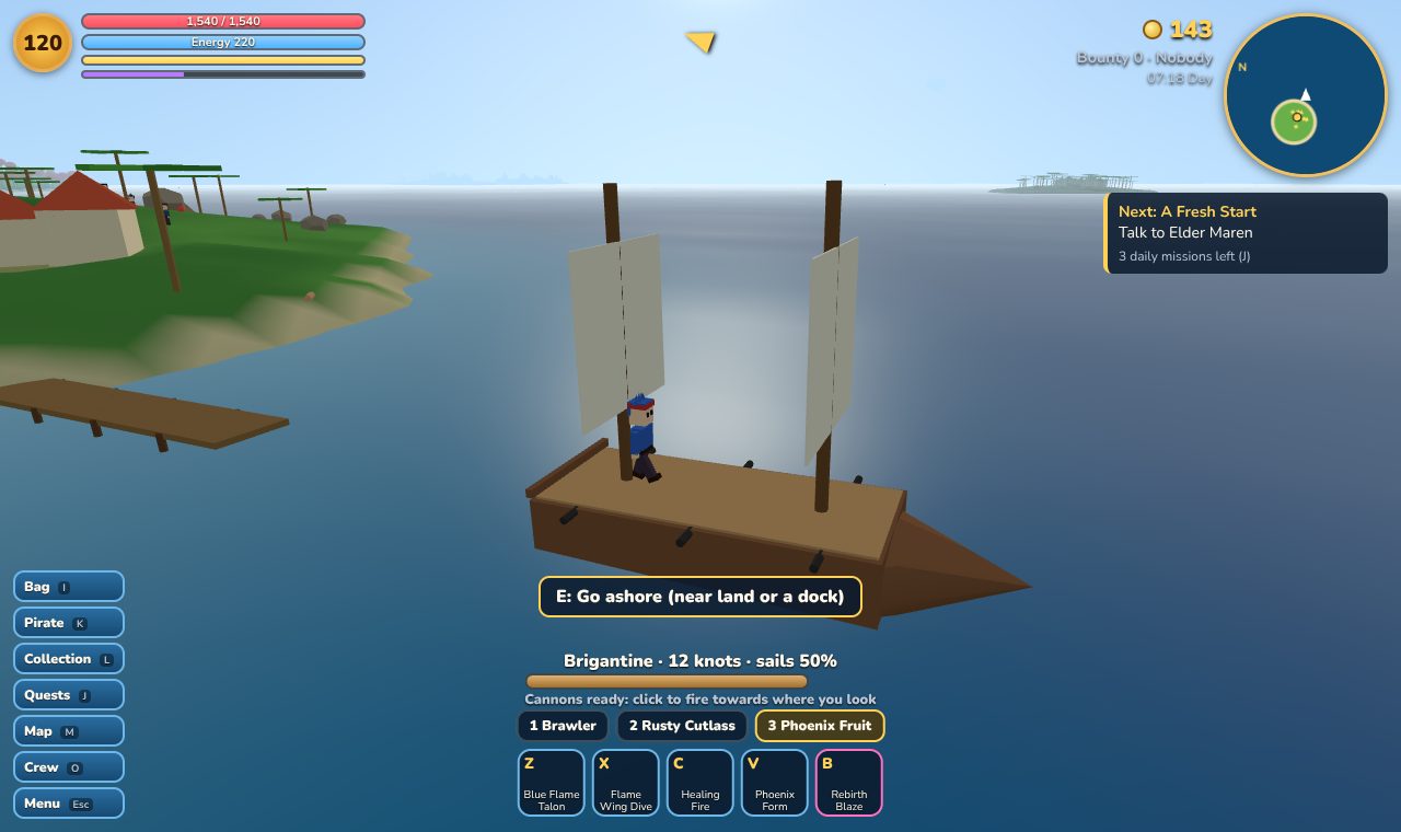 A pirate sailing a two-masted brigantine away from the dock of Driftwood Haven