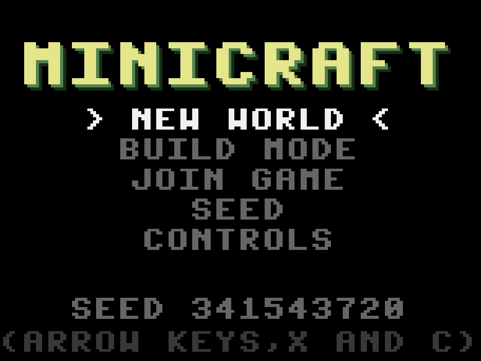 Minicraft's title screen: New world, Build mode, Join game, Seed and Controls