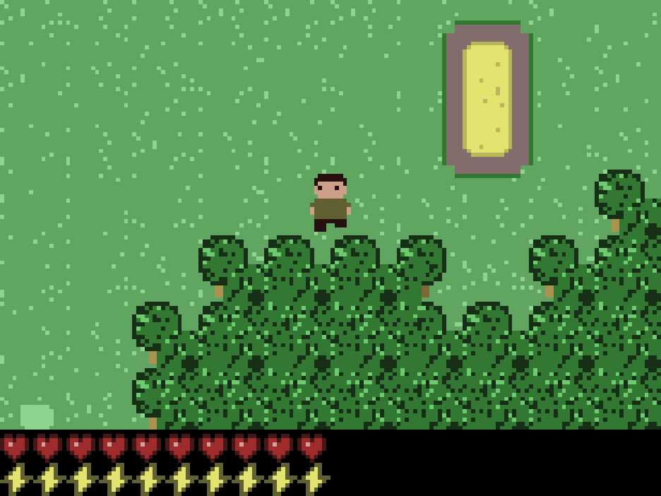 The player standing on grass by a forest, with a sand pit nearby