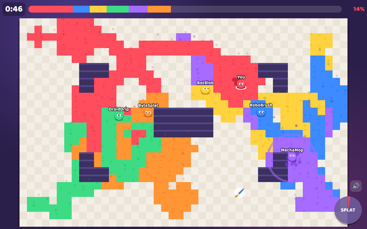 A round on the Plaza map: six blobs painting the floor red, blue, yellow, green, purple and orange, with a purple Splat ring and a Big Brush power-up