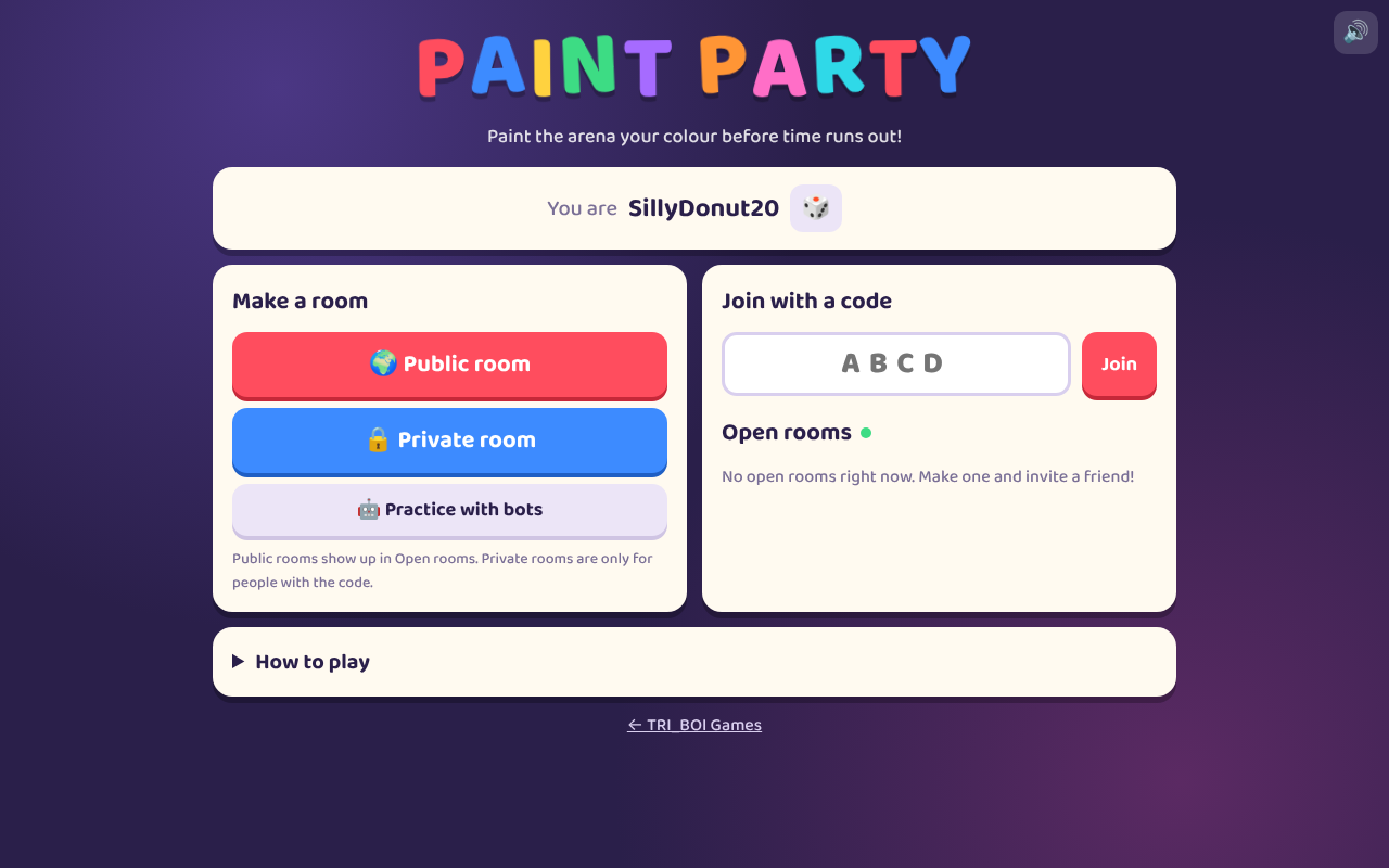 Paint Party's first screen: a made-up name with a dice to pick another, buttons for a public room, a private room or practice with bots, and a box to type a room code