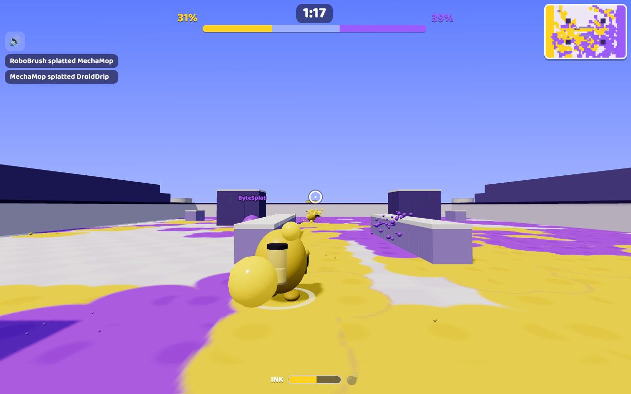 A yellow blob with an ink gun and an ink tank on its back, in an arena splashed with yellow and purple ink