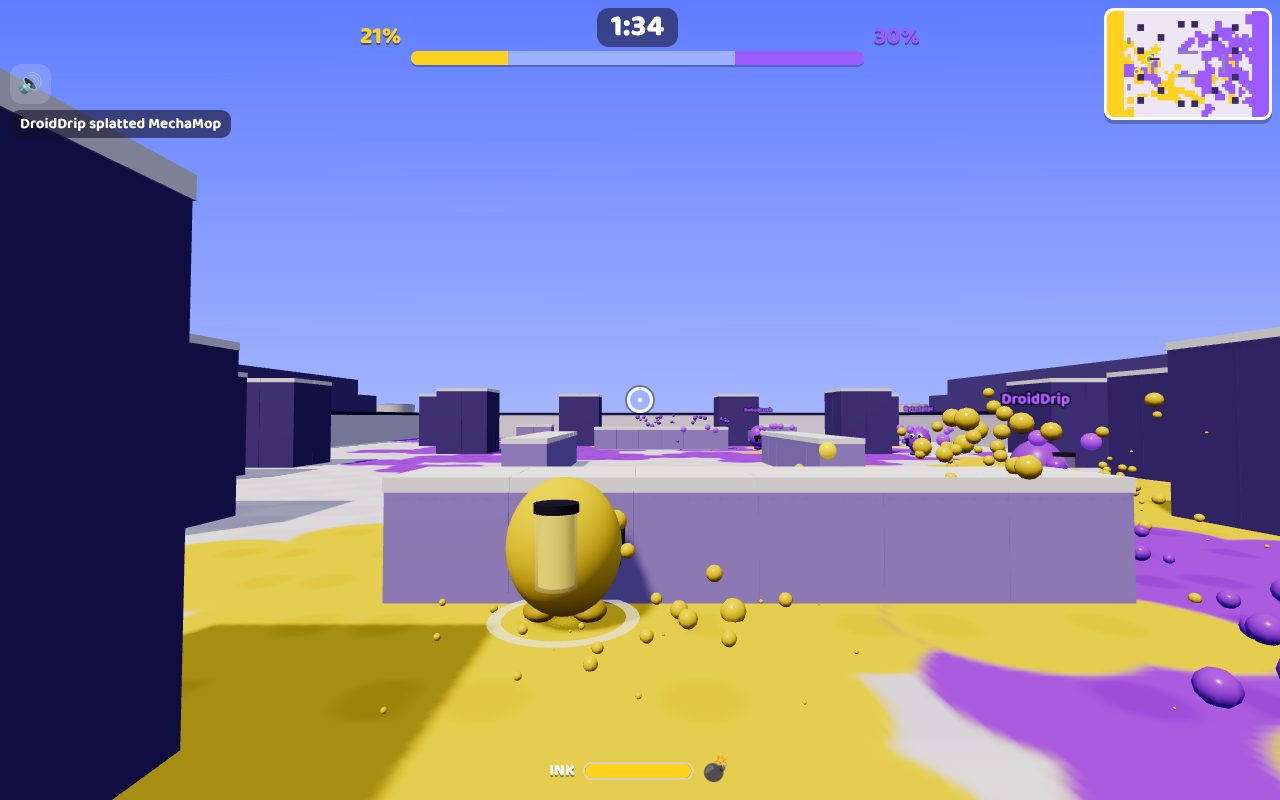 Behind a yellow blob by a low wall, with purple and yellow ink flying across the arena