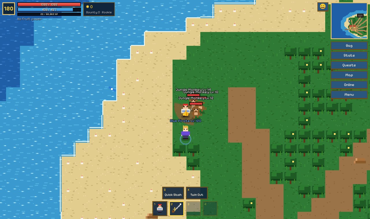 Two pirates, Red and Blue, fighting jungle monkeys together on a grassy island