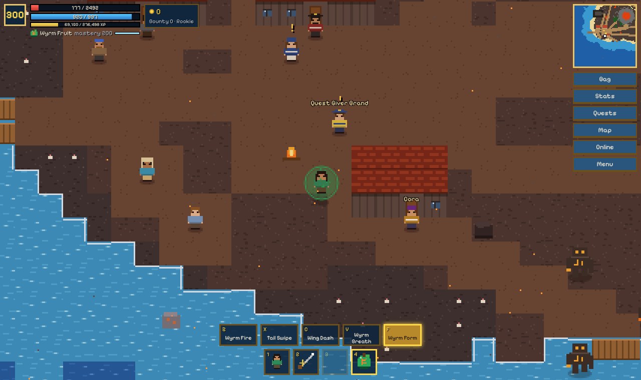 A pirate glowing green in the Wyrm Fruit's form, in a village on a volcanic island with a Quest Giver and townsfolk