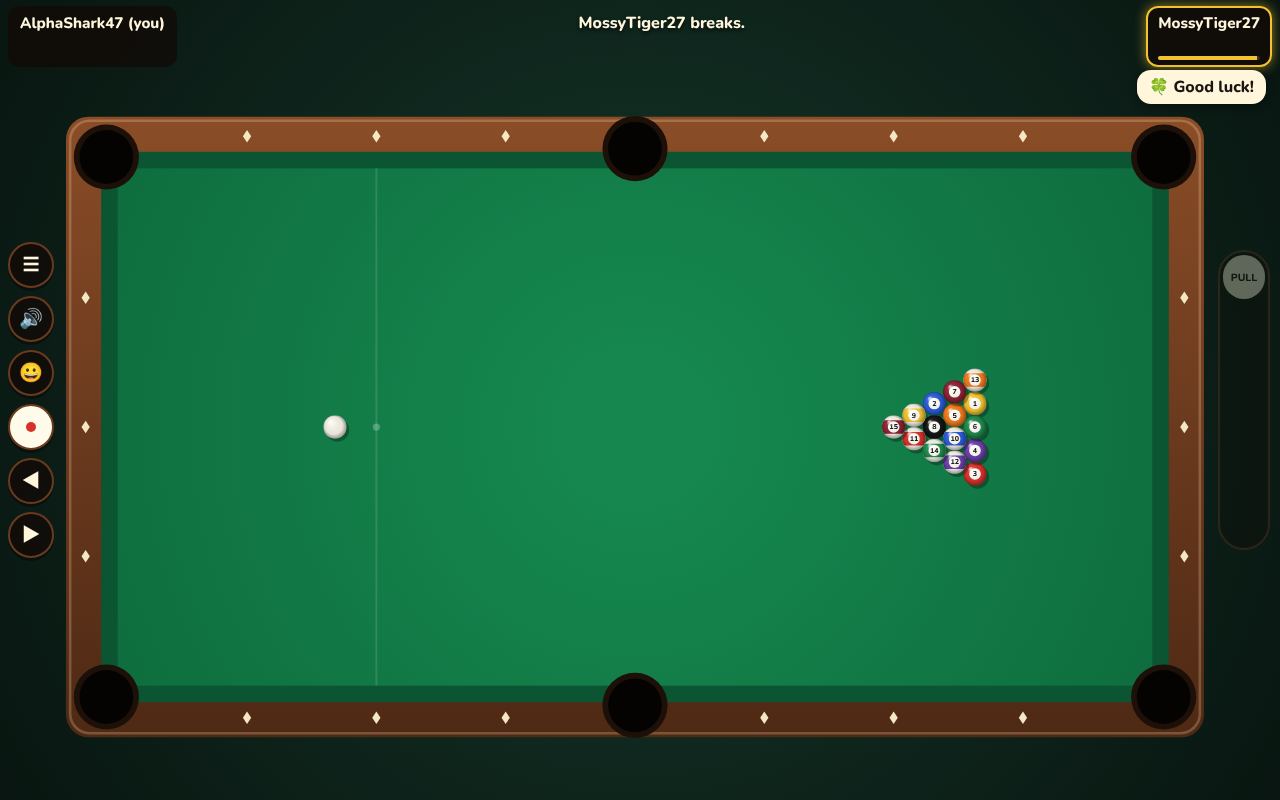 An online game about to start: the rack, both players' made-up names at the top, and a Good luck! emote