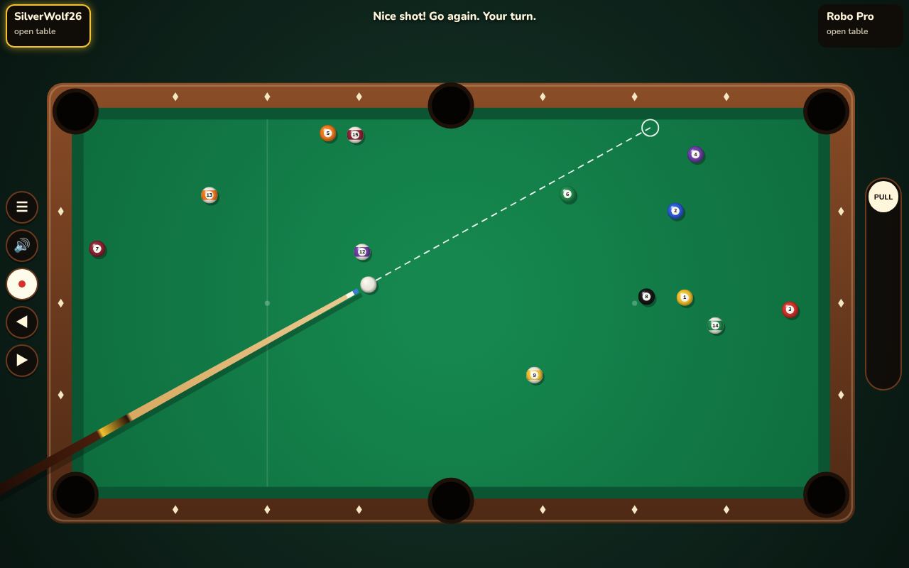 A game of 8-ball from above: the cue behind the white ball, and a dotted line showing where it will hit