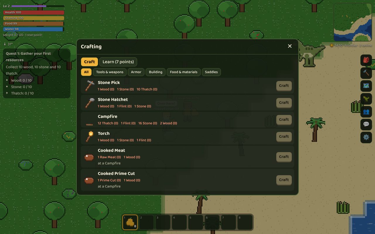 The crafting window: stone tools, a campfire and a torch, each with the materials it needs