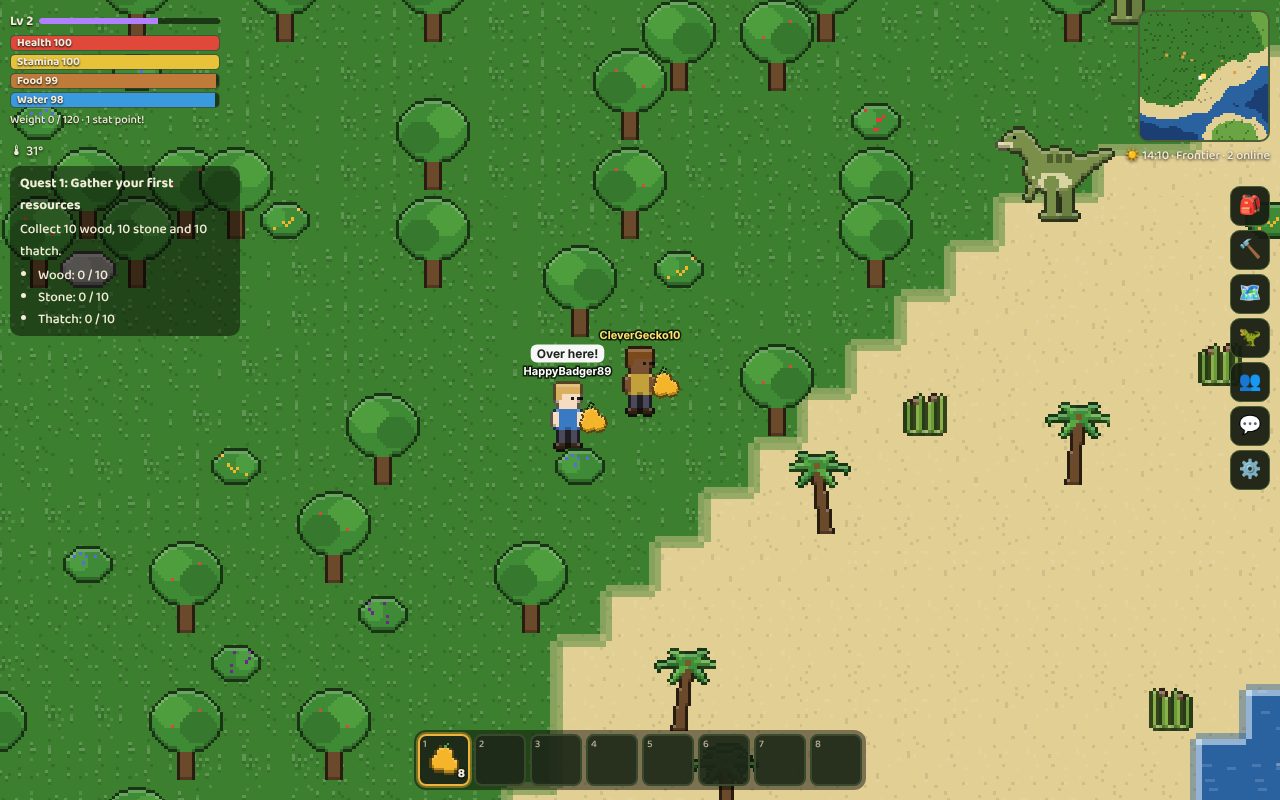 Two survivors at the edge of the grasslands by the beach, one showing the emote Over here!, with an iguanodon nearby