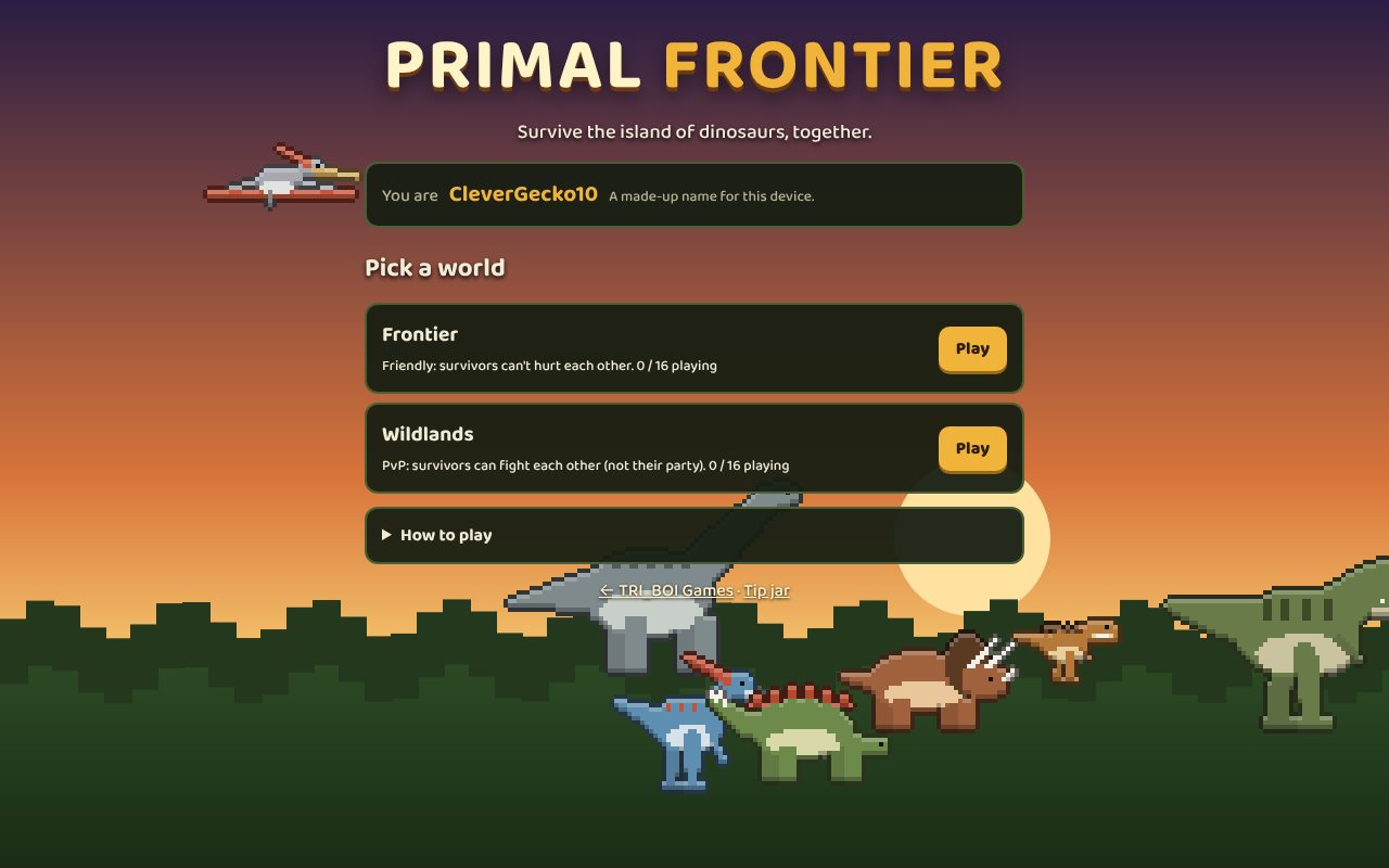 Primal Frontier's first screen: dinosaurs walking across a sunset, the player's made-up name, and the two worlds to pick from