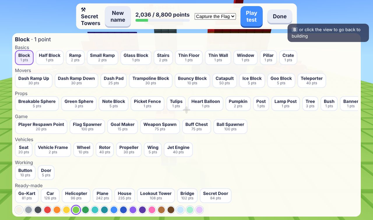 The build menu: every kind of block with its cost in points, including Seats, Wheels, Rotors and Jet Engines, and ready-made builds like a go-kart, a helicopter and a house