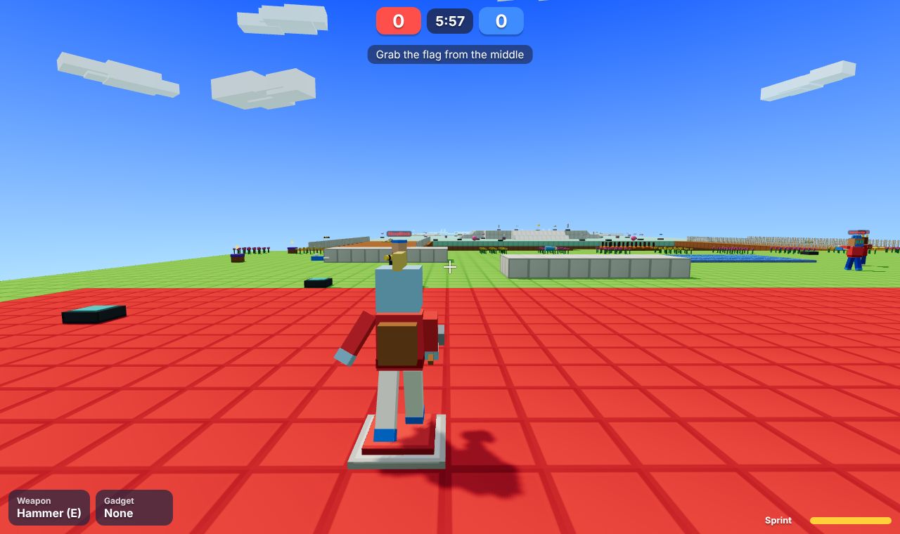 A blocky player on the red team's score pad at the start of a Capture the Flag match, with the score 0 to 0 and 5:57 left