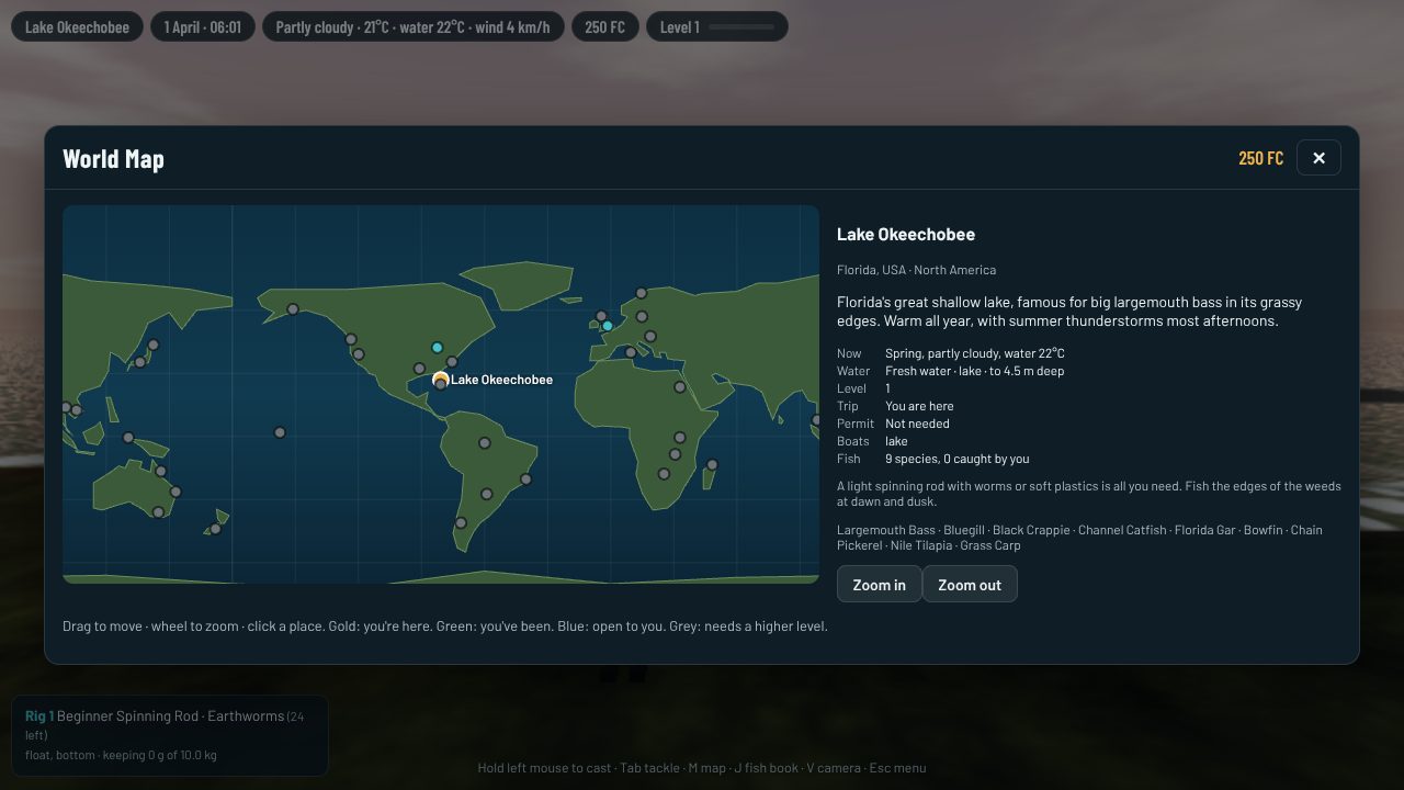 The game's world map, with fishing spots marked on every continent