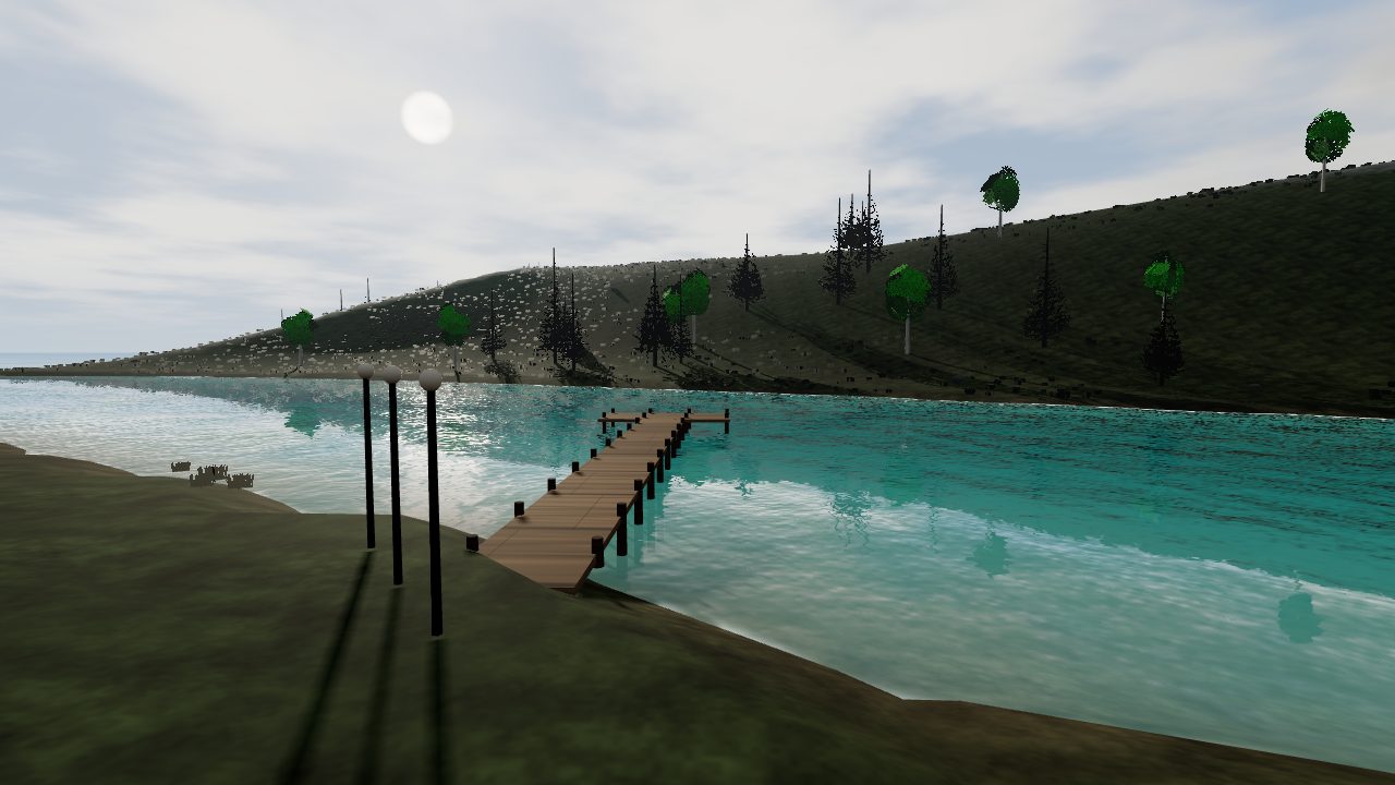 A clear turquoise river in Alaska with a wooden dock, hills and pine trees