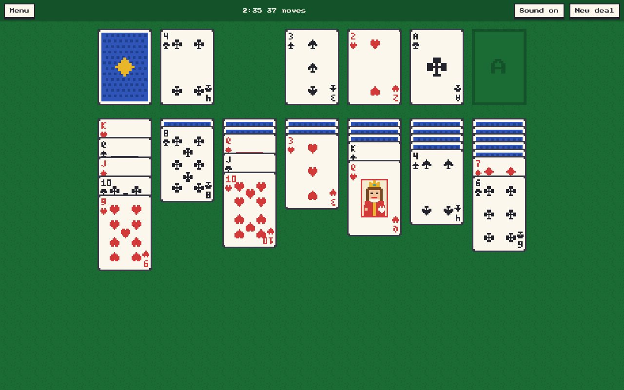 A game of solitaire under way on green felt: seven columns of blocky pixel-art cards, the deck, and three foundation piles started