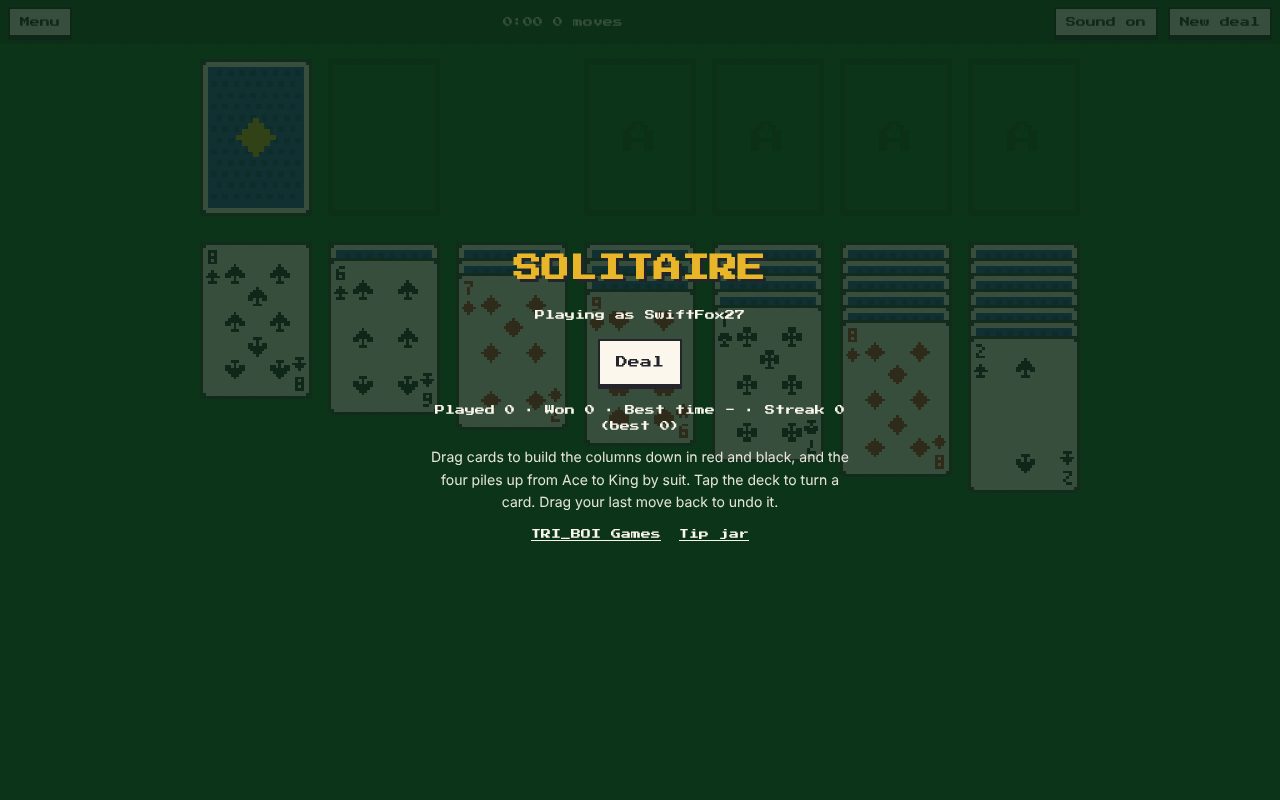 Solitaire's first screen: the player's made-up name, the Deal button and their stats