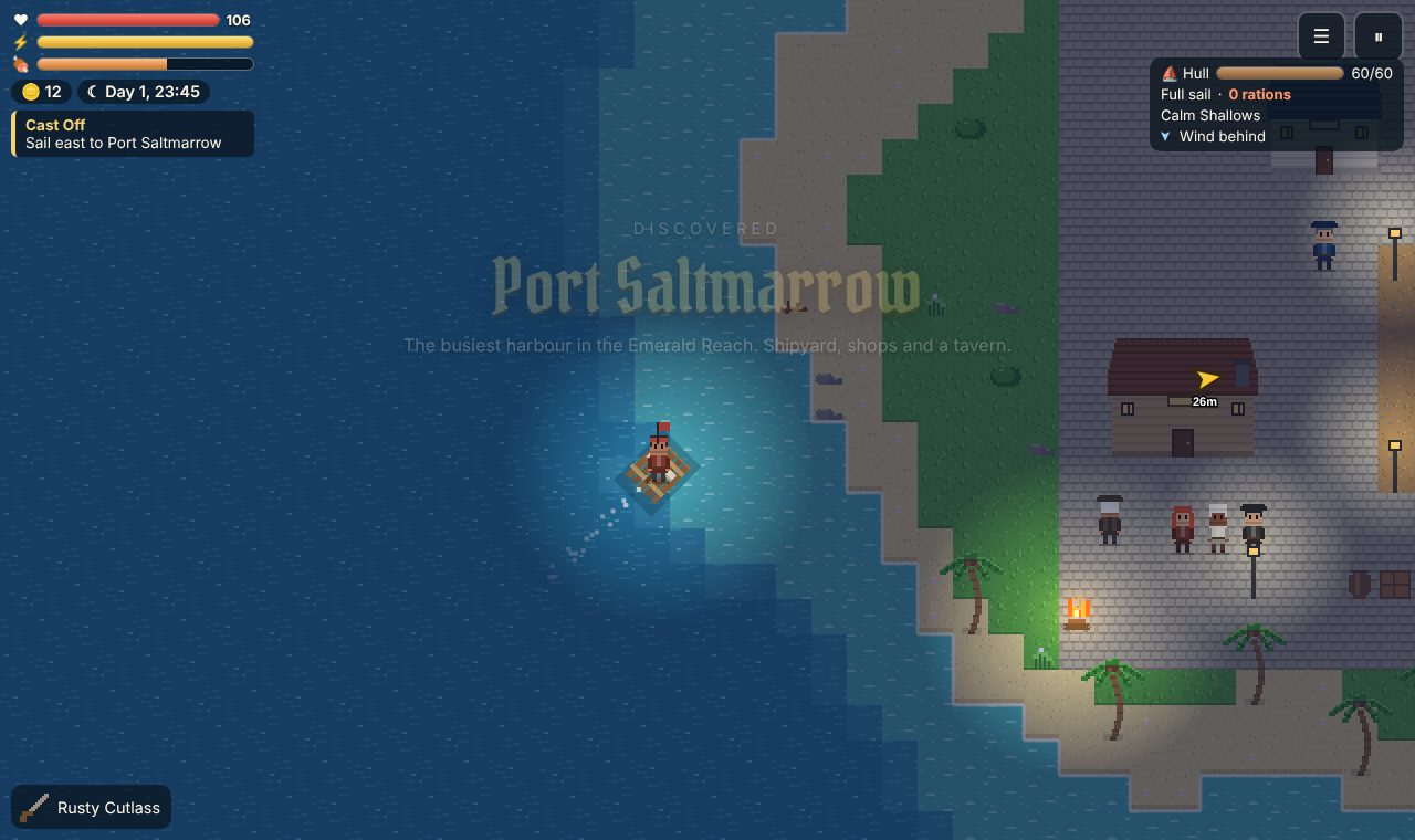 A captain on a little raft sailing up to Port Saltmarrow at night, with the town's houses and people on the shore