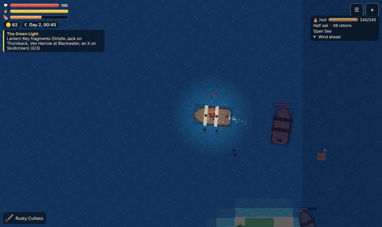 A sailboat firing its cannons at a dark pirate ship on the open sea