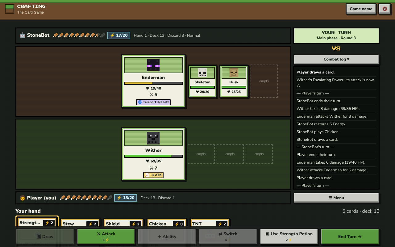 A battle against the bot: the bot's Enderman, Skeleton and Husk at the top, the player's Wither below, Energy bars, the combat log, and the player's hand with buttons to draw, attack, switch and end the turn