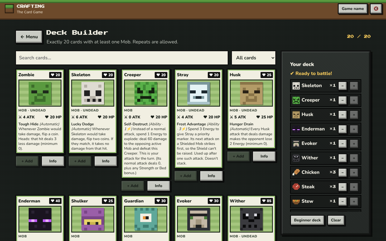 The Deck Builder: Mob cards like Zombie, Skeleton, Creeper, Stray and Husk, each with its attack, HP and ability, and the beginner deck listed on the right