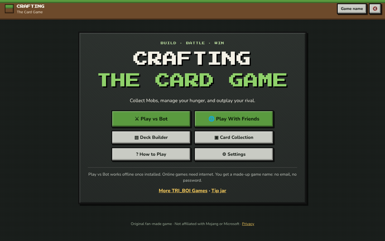 The main menu: Play vs Bot, Play With Friends, Deck Builder, Card Collection, How to Play and Settings