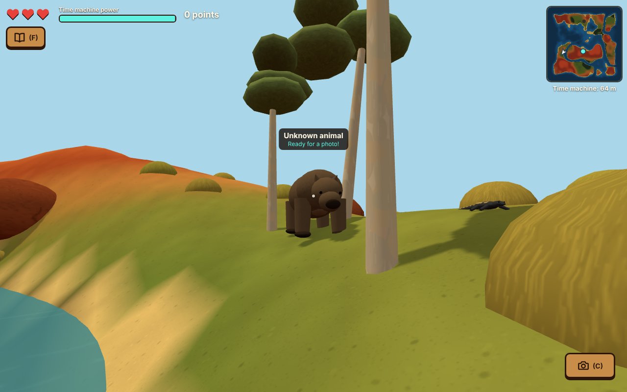 A Diprotodon, a giant animal like a huge wombat, standing among gum trees on a grassy hill. A label over it says Unknown animal, Ready for a photo!