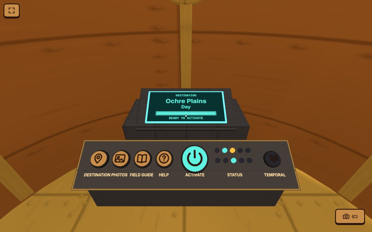 Inside the time machine: a control desk with Destination, Photos, Field guide, Help and Activate buttons, under a screen that says Ochre Plains, Day, Ready to activate
